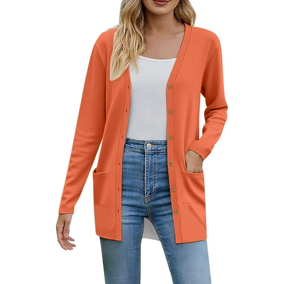 VISALY Long Cardigans Button Down Cardigans 2025 Fall Fashion Cardigan Soft Knit Cardigan for Women Long Sleeve Open Front Coat with Pockets Thin Cardigans Lightweight Trendy Sweaters Orange Xxl