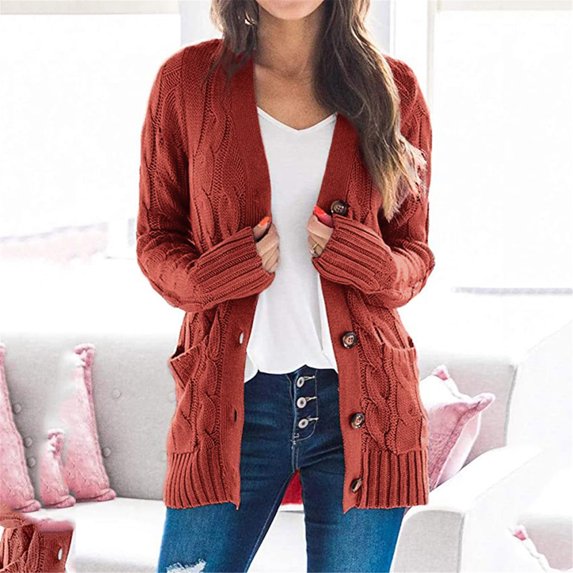 VISALY Long Cardigans Button Down Cardigans Womens Patchwork Cardigan Long Sleeve Open Front Knit Sweaters Coat Pockets Crochet Cardigan Baggy Cardigan Red L