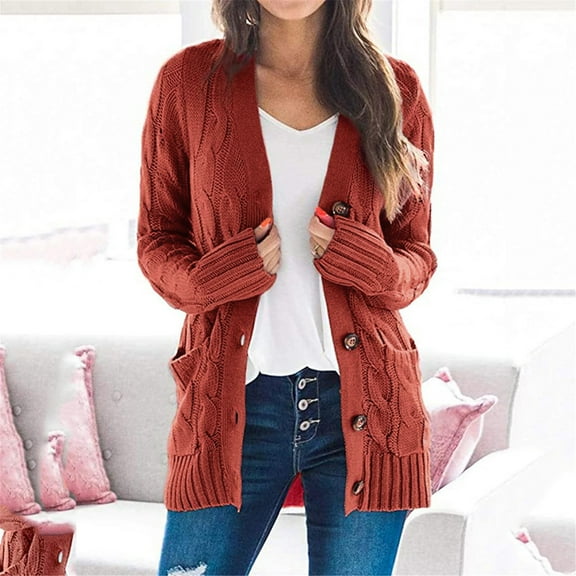 VISALY Long Cardigans Button Down Cardigans Womens Patchwork Cardigan Long Sleeve Open Front Knit Sweaters Coat Pockets Crochet Cardigan Baggy Cardigan Red S