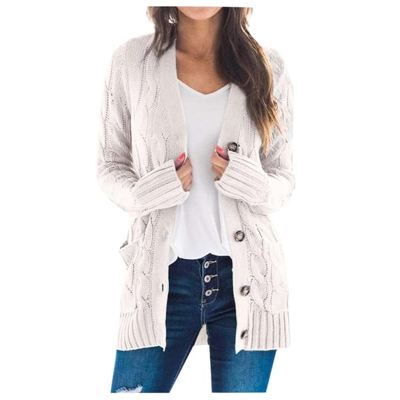 VISALY Long Cardigans Button Down Cardigans Womens Patchwork Cardigan Long Sleeve Open Front Knit Sweaters Coat Pockets Crochet Cardigan Baggy Cardigan White S