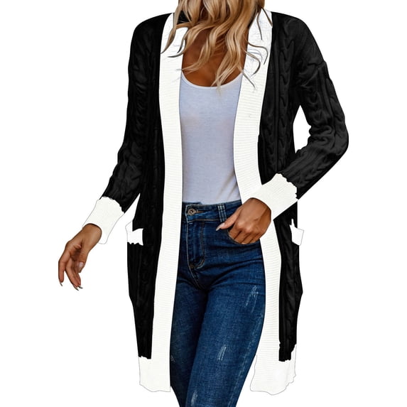 VISALY Long Cardigans Cardigan with Pockets Fall Cable Knit Cardigan Sweaters Casual Long Sleeve Open Front Loose Outerwear Coats Chunky Cardigan Sweaters Plus Size Cardigan Lightweight Black Xl