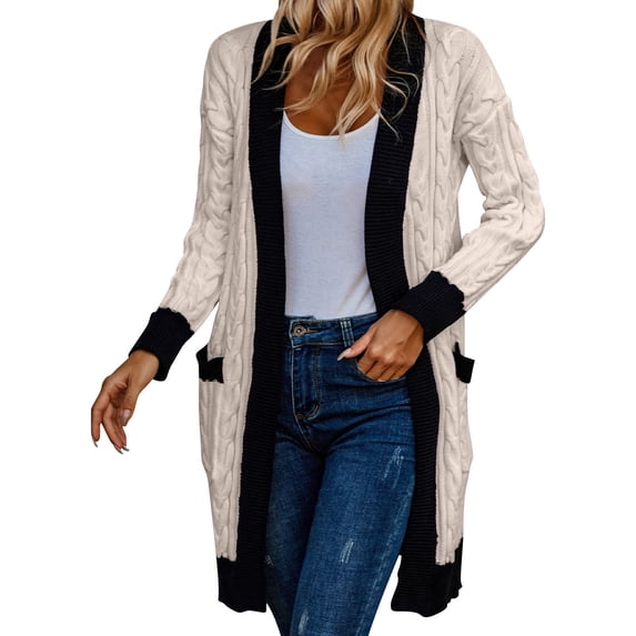 VISALY Long Cardigans Cardigan with Pockets Fall Cable Knit Cardigan Sweaters Casual Long Sleeve Open Front Loose Outerwear Coats Chunky Cardigan Sweaters Plus Size Cardigan Lightweight Beige M