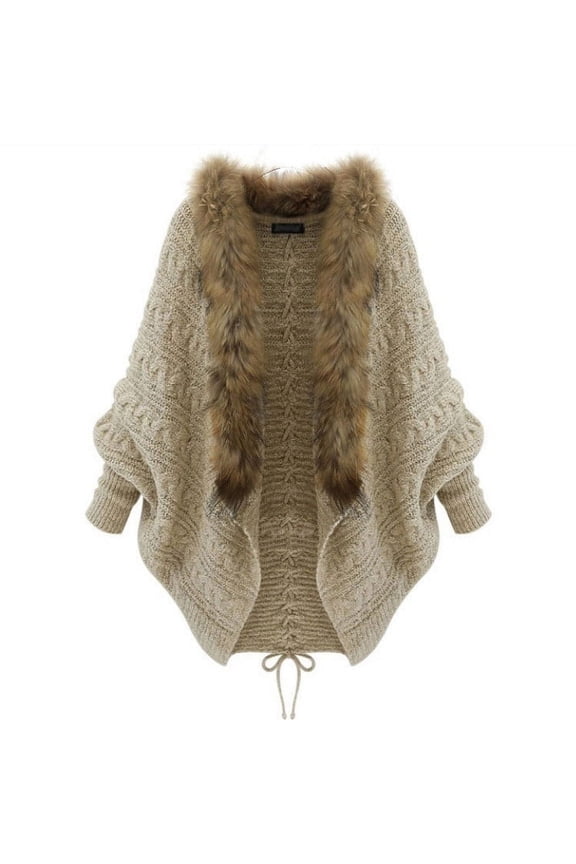 Long Cardigans Chunky Cardigan Casual Knitted Cape Cardigan Faux Collar Solid Color Long Sleeve Open Front Sweater Winter Warm Soft Loose Fit Batwing Sleeve Basic Cardigans Khaki One Size