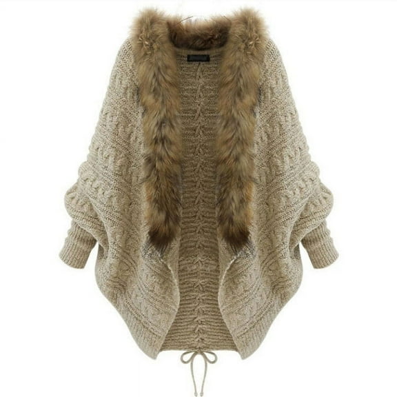 VISALY Long Cardigans Chunky Cardigan Casual Knitted Cape Cardigan Faux Collar Solid Color Long Sleeve Open Front Sweater Winter Warm Soft Loose Fit Batwing Sleeve Basic Cardigans Khaki One Size