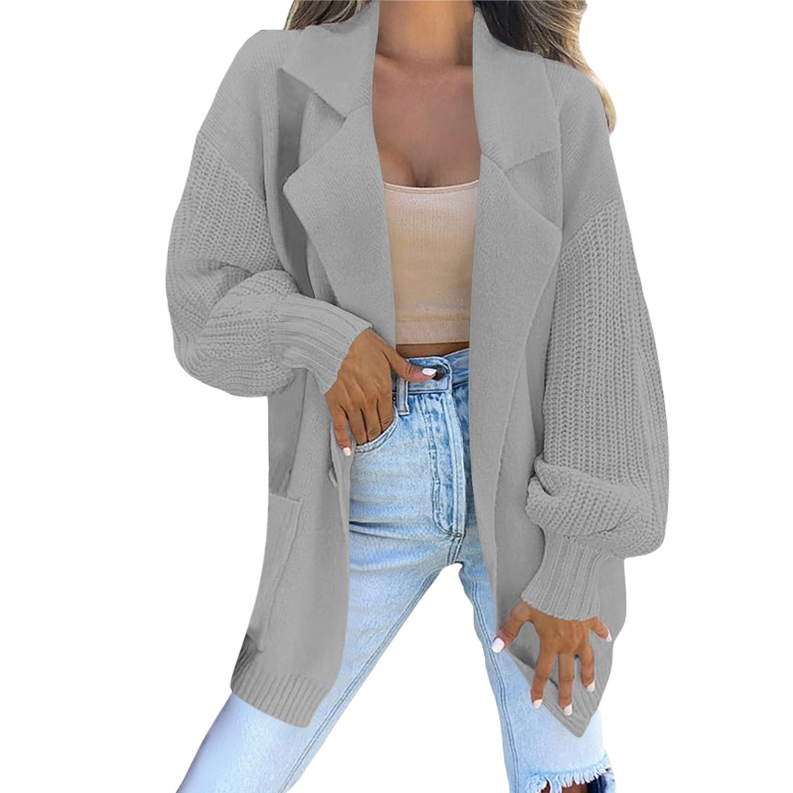 Long Cardigans Chunky Cardigan Sweaters Women's Long Sleeve Collared Jacket Open Front Knit Cardigan Sweaters Oversized Coat with Pockets Knit Cardigans Womens Cardigans Dressy Casual Grey M