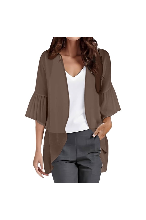Long Cardigans Flared Sleeves Women Chiffon Cardigan 3/4 Sleeve Chiffon Open Front Lightweight Summer Blouse Tops Beach Cover Up Ruffle Blouses Thin Cardigans Lightweight Coffee Xxl