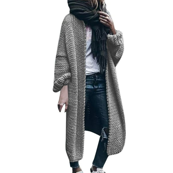 VISALY Long Cardigans Long Sleeve Cardigan Knitting Coat Large Size Mid Long Plain Casual Jacket Sweaters Elegant Fashion Cotton Autumn Winter Open Front Cardigan Chunky Cardigan Sweaters Grey Xxl