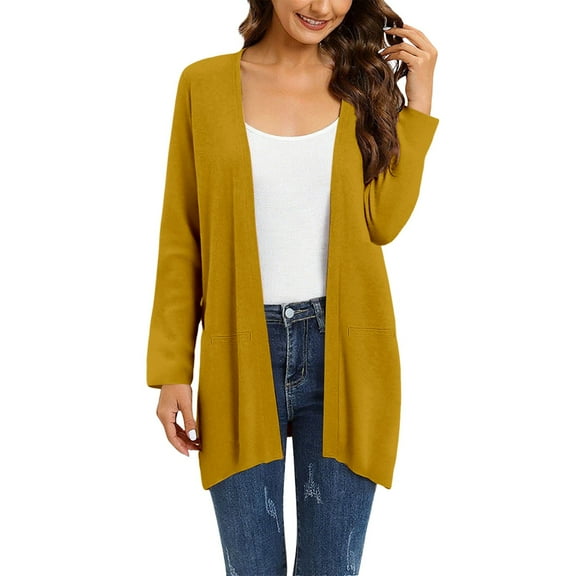 VISALY Long Cardigans Long Sleeve Cardigan Women's Fashion Clothes for Every Occasion Cotton Linen Cardigan Summer Chic Open Front Cardigan Thin Cardigans Lightweight Yellow Xl