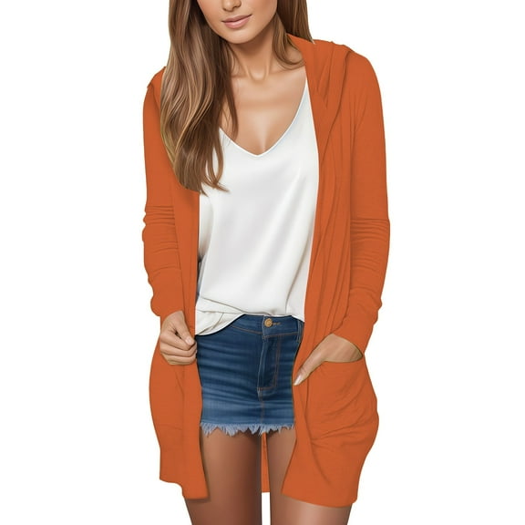 VISALY Long Cardigans Thin Cardigans Lightweight Womens Cardigans Long Sleeve Pockets Fall Open Front Cardigan Jackets Trendy Work Shirts Multisize Cardigan Sweaters Office Cardigans Orange M