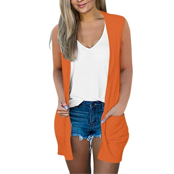 VISALY Long Cardigans Trendy Cardigan Women Casual Solid Print V Neck Coat Open Front Lightweight Cardigan Sleeveless Loose Outwear with Pockets Cute Cardigans Loose Cardigan Orange L