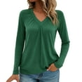 thumbnail image 1 of VISALY Long Sleeve Shirts V Neck Basic Tee Shirts Dressy Casual Blouses Basic Layers Loose Fit Soft Casual Pleated Tops Flowy Tops Smocked Tops Modest Blouses Solid T-Shirts Fall Outfits Green L, 1 of 4