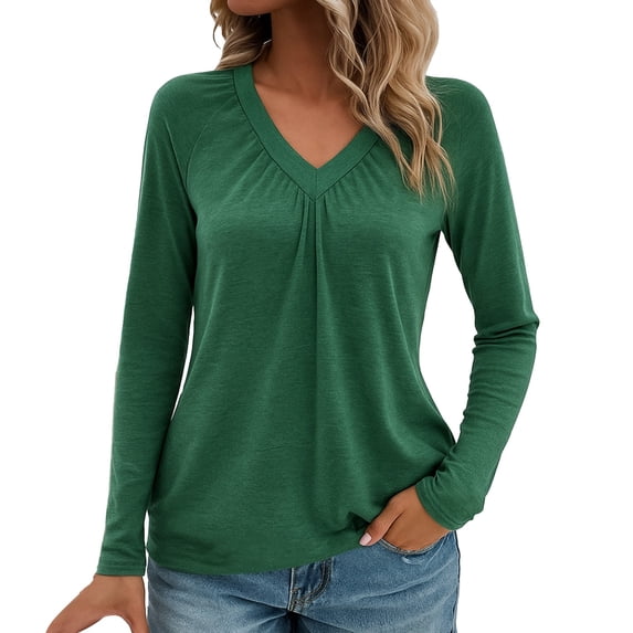 VISALY Long Sleeve Shirts V Neck Basic Tee Shirts Dressy Casual Blouses Basic Layers Loose Fit Soft Casual Pleated Tops Flowy Tops Smocked Tops Modest Blouses Solid T-Shirts Fall Outfits Green L