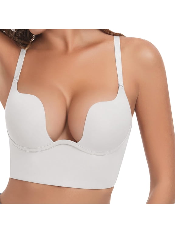 Low cut bra for deep v neck, Women's Bra U Neckline Backless Bra V Padded Cut Bras for Support, White & skin tone bras, Racerback bras for women, Body and bra supportive comfort bra, White,C