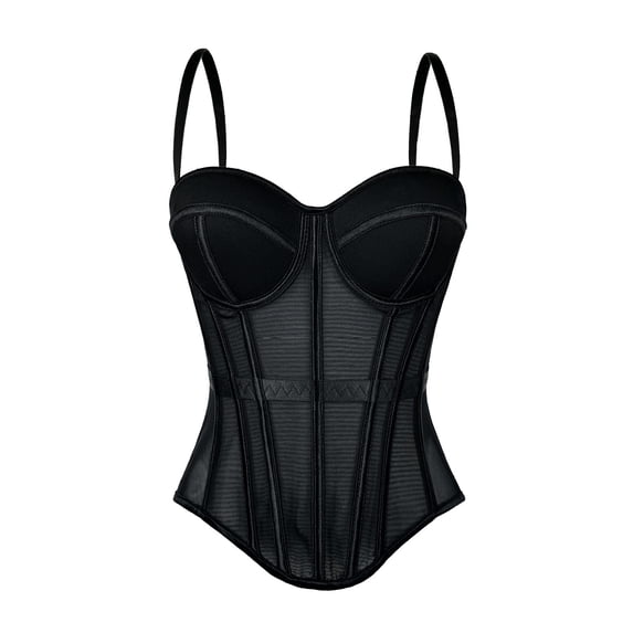 VISALY Mesh Bustier Corset Push Up Spaghetti Strap Mesh Corset Bodysuit Boned Bustier Shapewear Sleeveless Tank Top Vest Camisole Vintage Crop Bustier Top Bra Club Party Vest Camisole Black L