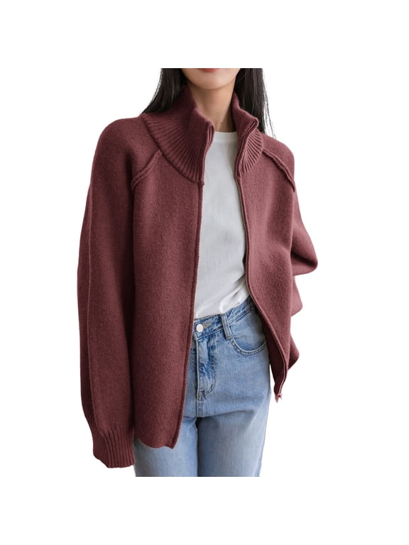 Mock Neck Knit Cardigan Sweaters for Women Turtleneck Long Sleeve Open Front Full Zip Soft Warm Going Out Sweaters Jackets Trendy Loose Dressy Casual Knitted Outerwear Coats Brick Red S