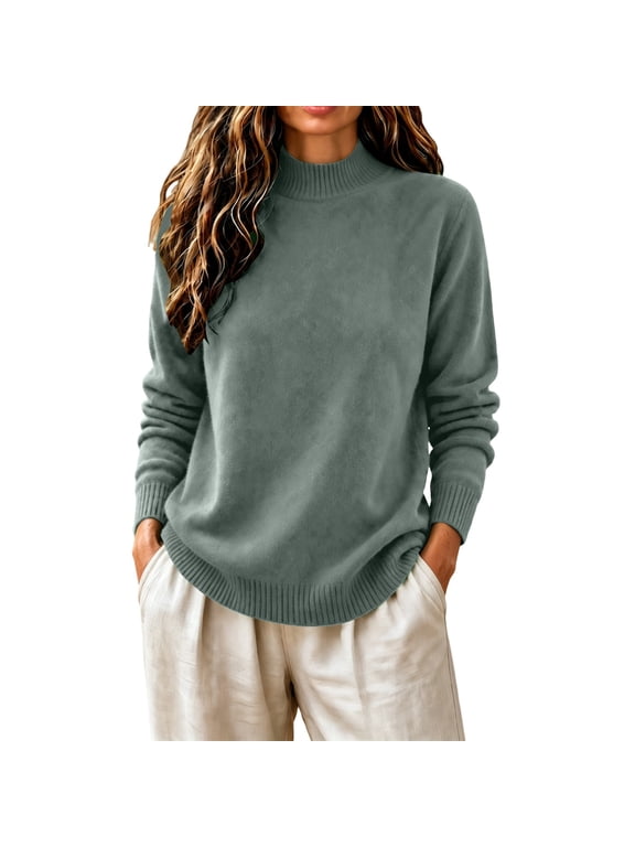 Mock Turtleneck Sweaters Women Casual Dressy Basic Pullover Sweater Oversized Cotton Sweater Plain Base Layer Undershirt Fall Cozy Lightweight Thin Soft Long Sleeve Underscrub Light Blue L