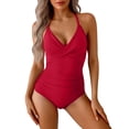 thumbnail image 1 of VISALY One Piece Swimsuits Tummy Control Ruched Push Up Color Block Crisscross V Neck Tie Back Full Coverage Slimming Bathing Suit Slimming Swimwear Wide Straps Swim Suit Wrap Swimwear Red Xl, 1 of 4