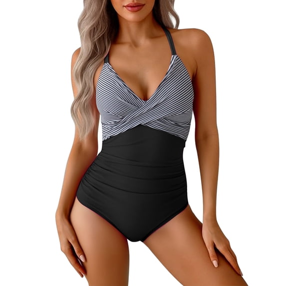 VISALY One Piece Swimsuits Tummy Control Ruched Push Up Color Block Crisscross V Neck Tie Back Full Coverage Slimming Bathing Suit Slimming Swimwear Wide Straps Swim Suit Wrap Swimwear Dark Gray S