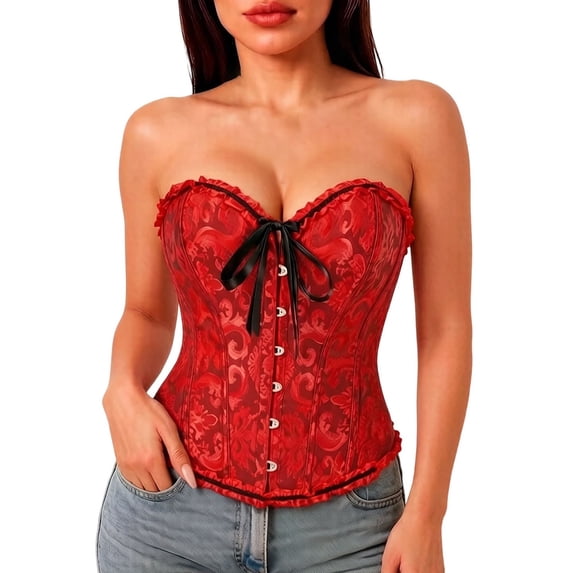 VISALY Overbust Corset Top Lace Up Sweetheart Ruffle Trim Bustier Top Overbust Bodysuit Vintage Renaissance Corset Boned Waist Cincher Shapewear Plus Size Waist Trainer Going Out Outfits Red Xl