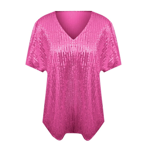 VISALY Oversized Sequins Shirt Deep V-Neck T-Shirt Short Sleeves Blouses Trendy Loose Fitted Pullover Tops Sparkly Shimmer Glitter Dressy Casual Blouses Tunic Tops Lightweight Shirts Hot Pink 3Xl
