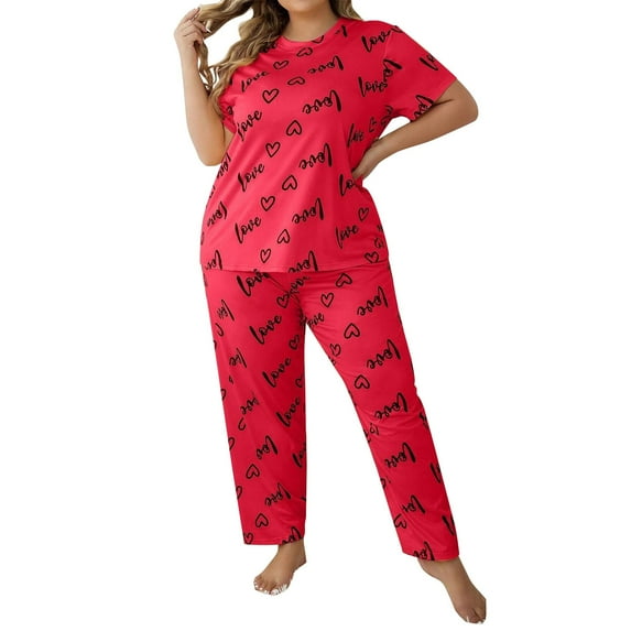 VISALY Pajama Sets Cute Pajama Sets Plus Size 2 Piece Pajama Set Printed Short Sleeve Pullover Crewneck T Shirt and Pants Pj Sets Sleep Sets Sleepwear Sets Lounge Sets Matching Pajama Set 4Pc Red Xxl