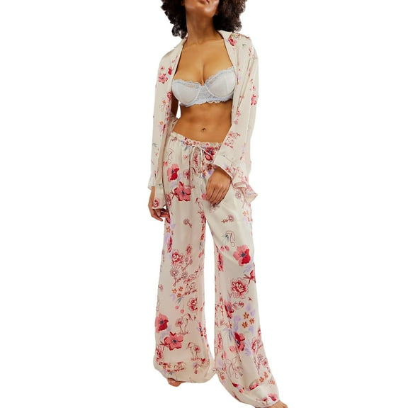 VISALY Pajama Sets Lightweight Sets Silk Satin Pajamas Set 2 Piece Wide Leg Pants Long Sleeve foral Printed Sets Plus Size Pajamas Sleep Sets Sleepwear Sets Lounge Sets Matching Pajama Set White L