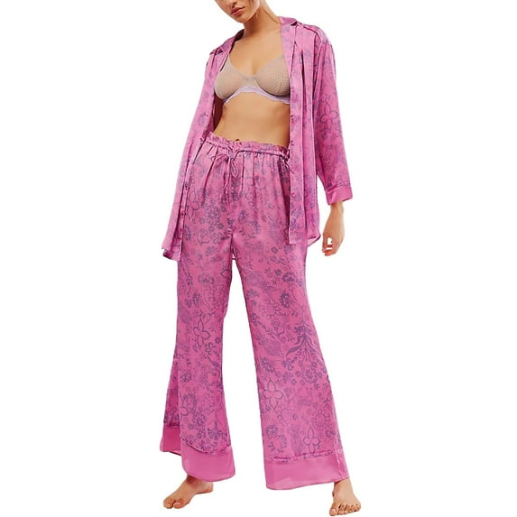 VISALY Pajama Sets Lightweight Sets Silk Satin Pajamas Set 2 Piece Wide Leg Pants Long Sleeve foral Printed Sets Plus Size Pajamas Sleep Sets Sleepwear Sets Lounge Sets Matching Pajama Set Pink S