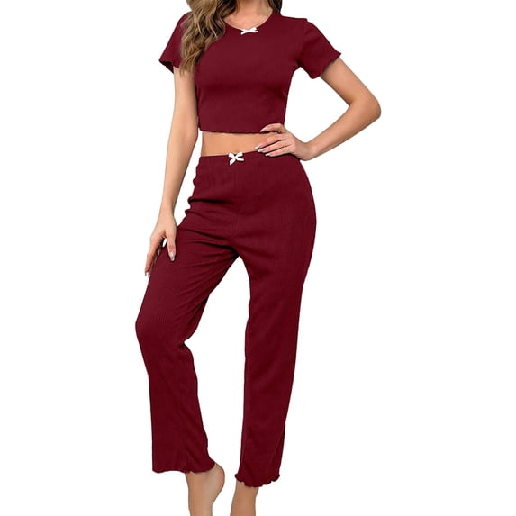 VISALY Pajama Sets Matching Pajama Set Women's Sleepwear Short Sleeve Shirts Crewneck Tank Tops Crop Tops with Long Pants Sleepwear Set Loungewear Red M