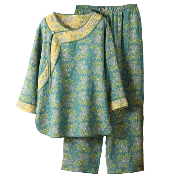 VISALY Pajama Sets for Older Women Cotton Sleepwear Soft Two Piece Floral Print Pajama Set 3/4 Sleeve Blouses Wide Leg Pants Trendy Household Clothes Loose Loungewear Comfy Home Wear Green L