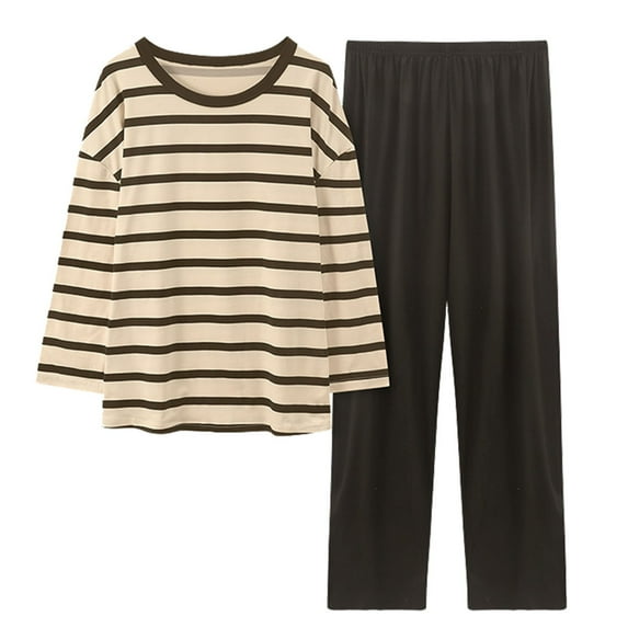 VISALY Pajama Sets Plus Size Loungewear Women's Cotton Sleepwear Comfortable Stripe Pure Color Casual Loose Long Sleeved Trousers Suit Black L