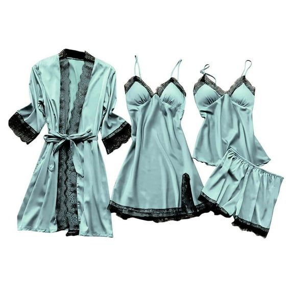 VISALY Pajama Sets Soft Pajama Set Lace Mid Long Dress Sleepwear Nightdress Set Pajamas Camisole Tank Tops Silk Satin Pajamas Short Sleepwear Sets Lounge Sets Matching Pajama Set 4Pc Mint Green S