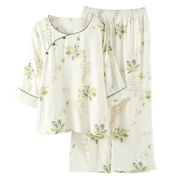 VISALY Pajama Sets for Women Cotton Sleepwear Floral Print Matching Pajama Set 3/4 Sleeve Tops Loose Fit Pants Soft Nigthwear Comfy Loungewear Leisure Suit Green M