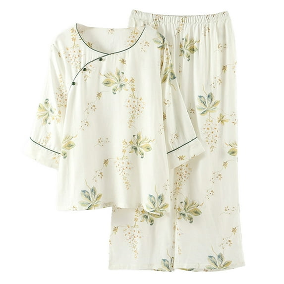 VISALY Pajama Sets for Women Cotton Sleepwear Floral Print Matching Pajama Set 3/4 Sleeve Tops Loose Fit Pants Soft Nigthwear Comfy Loungewear Leisure Suit Yellow M