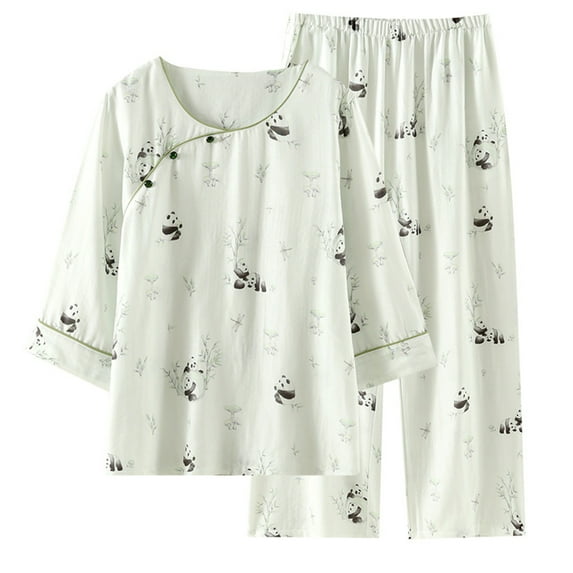 VISALY Pajama Sets for Women Cotton Sleepwear Floral Print Matching Pajama Set 3/4 Sleeve Tops Loose Fit Pants Soft Nigthwear Comfy Loungewear Leisure Suit Blue L