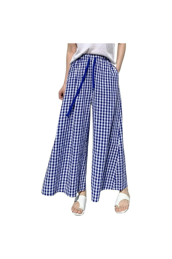 Palazzo Pants for Women, Palazzo, Casual Trousers Women's Plaid Wide Leg Culotte Pants Gingham High Elastic Waisted Cropped Palazzo Pants with Pockets, 1 Pack Pants for Women (Blue, M)