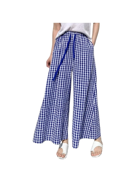 Palazzo Pants for Women, Palazzo, Casual Trousers Women's Plaid Wide Leg Culotte Pants Gingham High Elastic Waisted Cropped Palazzo Pants with Pockets, 1 Pack Pants for Women (Blue, M)