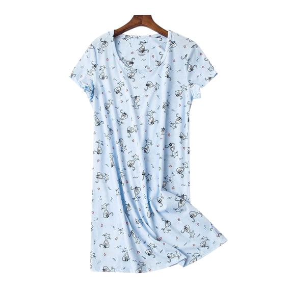 VISALY Plus Size Cartoon Pajamas: Knit Cotton Nightdress, Round Neck Sleepwear, #02 Blue,L