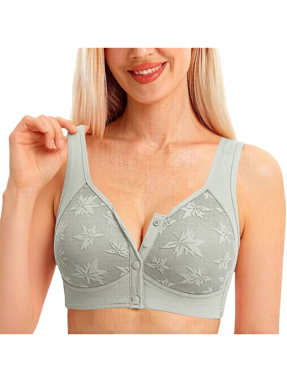 Plus Size Front Closure Floral Lace Bra Daisy Lace Bras for Senior Women Front Closure No Underwire Comfort Wireless Snap Closing Bra Push Up Full Coverage Everyday Bralette White Xxl
