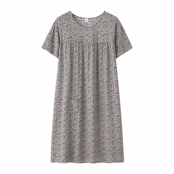 VISALY Plus Size Print Nightgown for Senior Women Short Sleeve Crew Neck Night Dress Cotton Loose Loungewear Summer Long Sleep Nightdress Lightweight Comfy Soft Casual Sleepshirts Grey One Size
