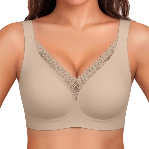 VISALY Plus Size V-Neck Lace Trim Jelly Supportive Wireless No Underwire Bra for Women Full Coverage Seamless Bra Comfortable Tshirt Bralette Lift Bust Shaping Bra Wide Strap Push Up Bras Beige L