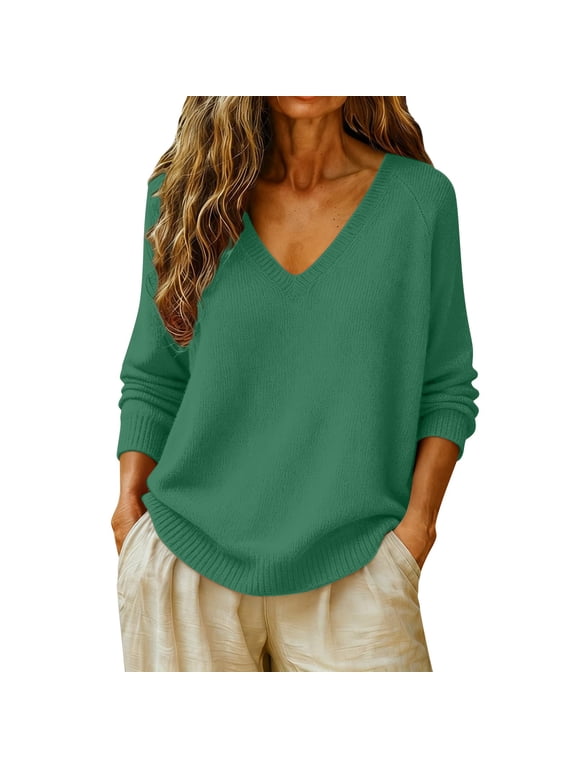 Plus Sized Sweaters Women Cozy Casual V Neck Knit Pullover Tops Oversized Basic Tunic Sweater Soft Long Sleeve Lightweight Pullover Sweatshirt Plus Size Warm Fall Outfits Light Green Xl
