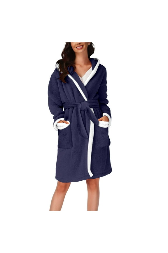 Plush Hooded Bathrobe: Winter Warmth Design, Matching Pajama Companion Robe, #A Navy,S