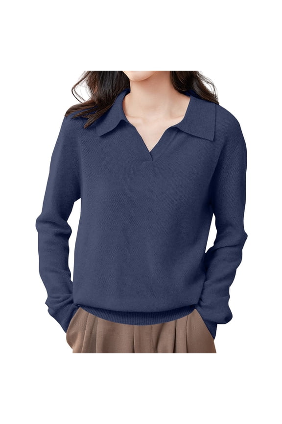 Polo Pullover Sweater Basic Sweater Tops Collared Sweaters Lapel V Neck Knitted Knitted Pullover Cropped Sweater Oversized Sweatshirt Sweaters for Women Loose Pullover Soft Warm Cozy Navy S