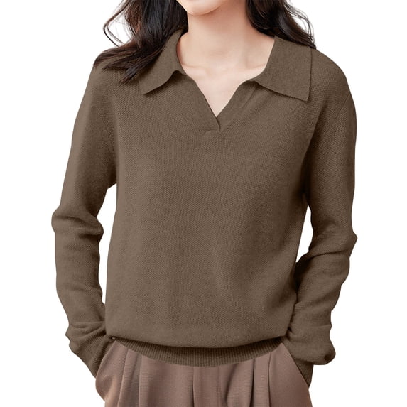 VISALY Polo Pullover Sweater Business Casual Outfits Knitted Pullover Polo Shirts Long Sleeve Pullover Sweater Sweaters for Women Oversized Sweaters Lapel V Neck Knitted Lightweight Knit Coffee XL