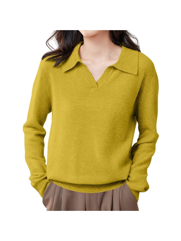 Polo Pullover Sweater Merino W.ool Seamless Sweater Long Sleeve Loose Pullover Sweaters for Women Basic Sweater Tops Lightweight Knit Oversized Sweaters Pullover Sweater 2025 Fashion Yellow S