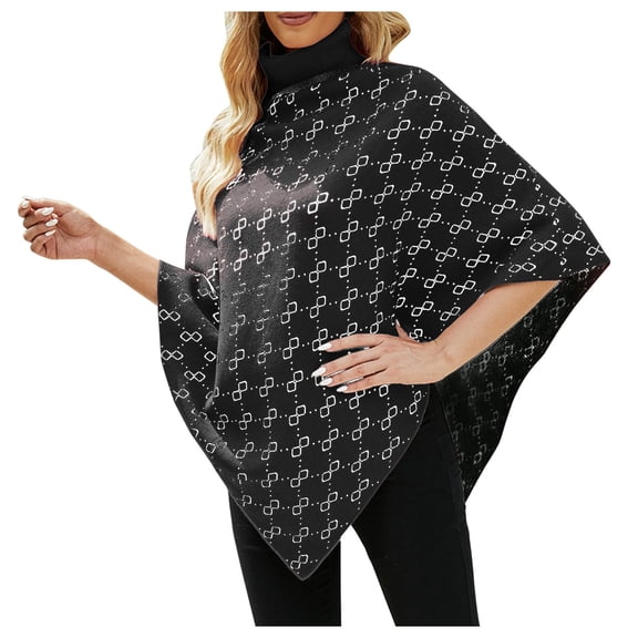 VISALY Poncho Shawl Boho Cardigans High Collar Trendy Pullover Oversized Sweaters Turtleneck Print Coat Loose Party Irregular Wrap Shawl Open Front Cape Blanket Shawl Wraps Plaid Shawl Black One Size
