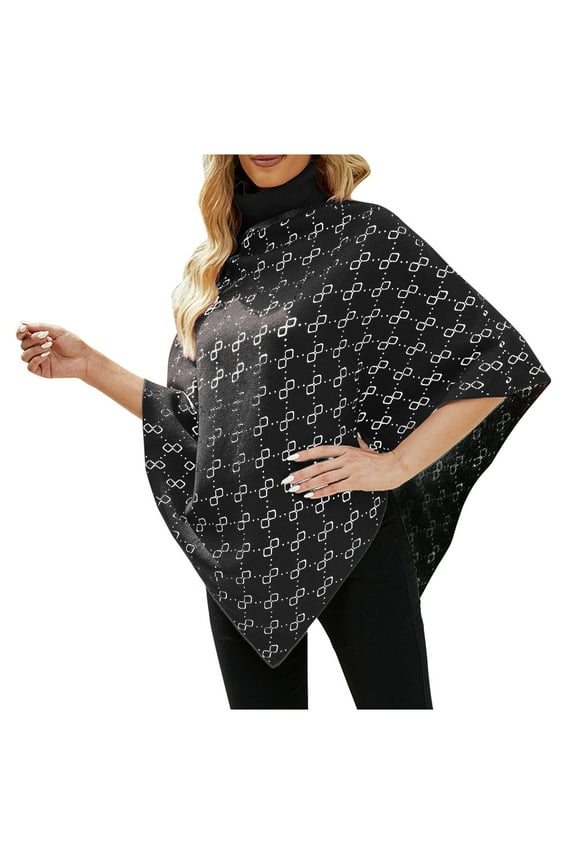 Poncho Shawl Boho Cardigans High Collar Trendy Pullover Oversized Sweaters Turtleneck Print Coat Loose Party Irregular Wrap Shawl Open Front Cape Blanket Shawl Wraps Plaid Shawl Black One Size