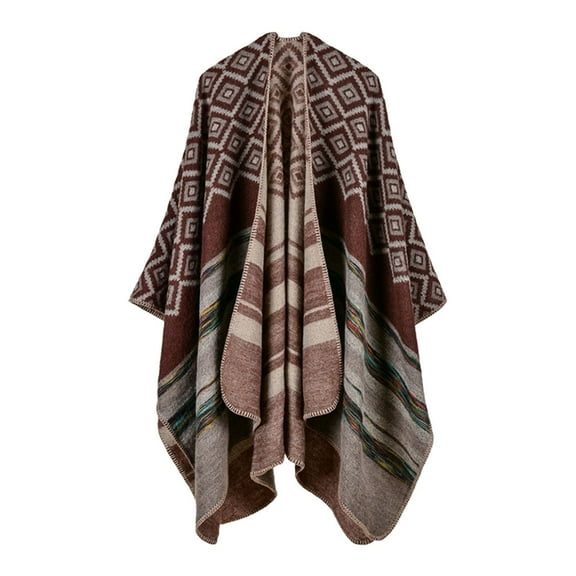 VISALY Poncho Shawl Boho Cardigans Travel Plaid Shawl Open Front Cape Warm Oversized Sweaters Casual Cardigan Shawls Fall Winter Blanket Shawl Wraps Basic Poncho Color Block Sweater Coffee One Size