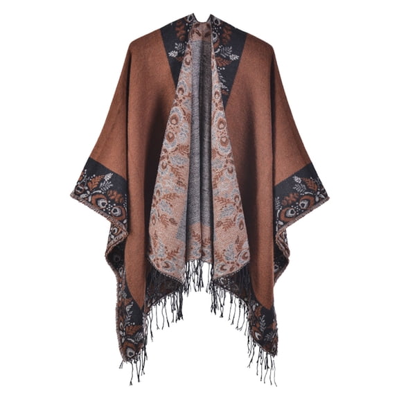 VISALY Poncho Shawl Boho Cardigans Travel Plaid Shawl Open Front Cape Warm Oversized Sweaters Casual Cardigan Shawls for Fall Winter Blanket Shawl Wraps Fringe Poncho Knitted Poncho Coffee One Size