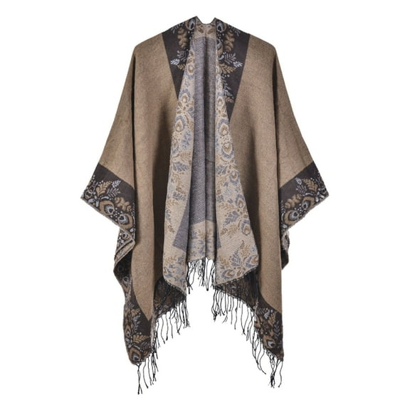 VISALY Poncho Shawl Boho Cardigans Travel Plaid Shawl Open Front Cape Warm Oversized Sweaters Casual Cardigan Shawls for Fall Winter Blanket Shawl Wraps Fringe Poncho Knitted Poncho Khaki One Size